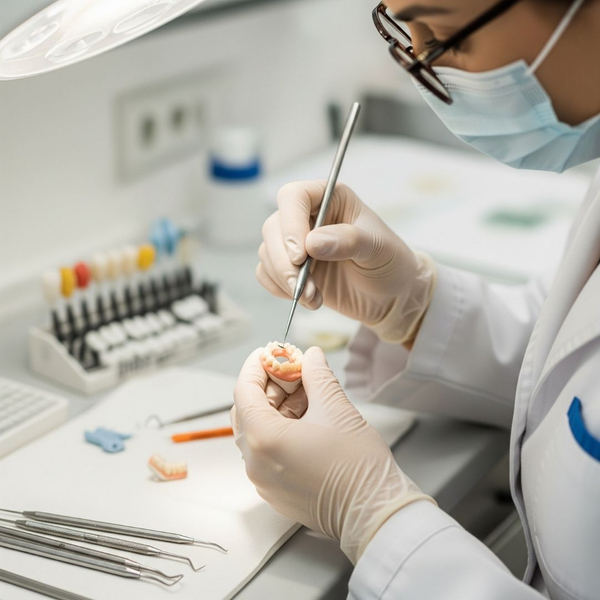 The skilled hands of a prosthodontist crafting a dental restoration. The skilled hands of a prosthodontist crafting a dental restoration.