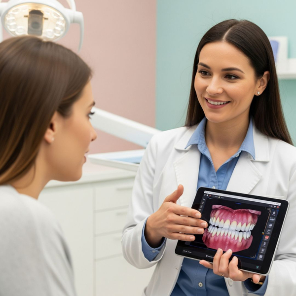 A dentist educating a patient using their digital dental scan on a tablet. A dentist educating a patient using their digital dental scan on a tablet.