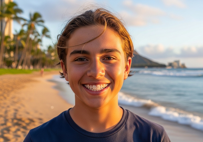 Teen Boy Smiling on Beach at Sunset