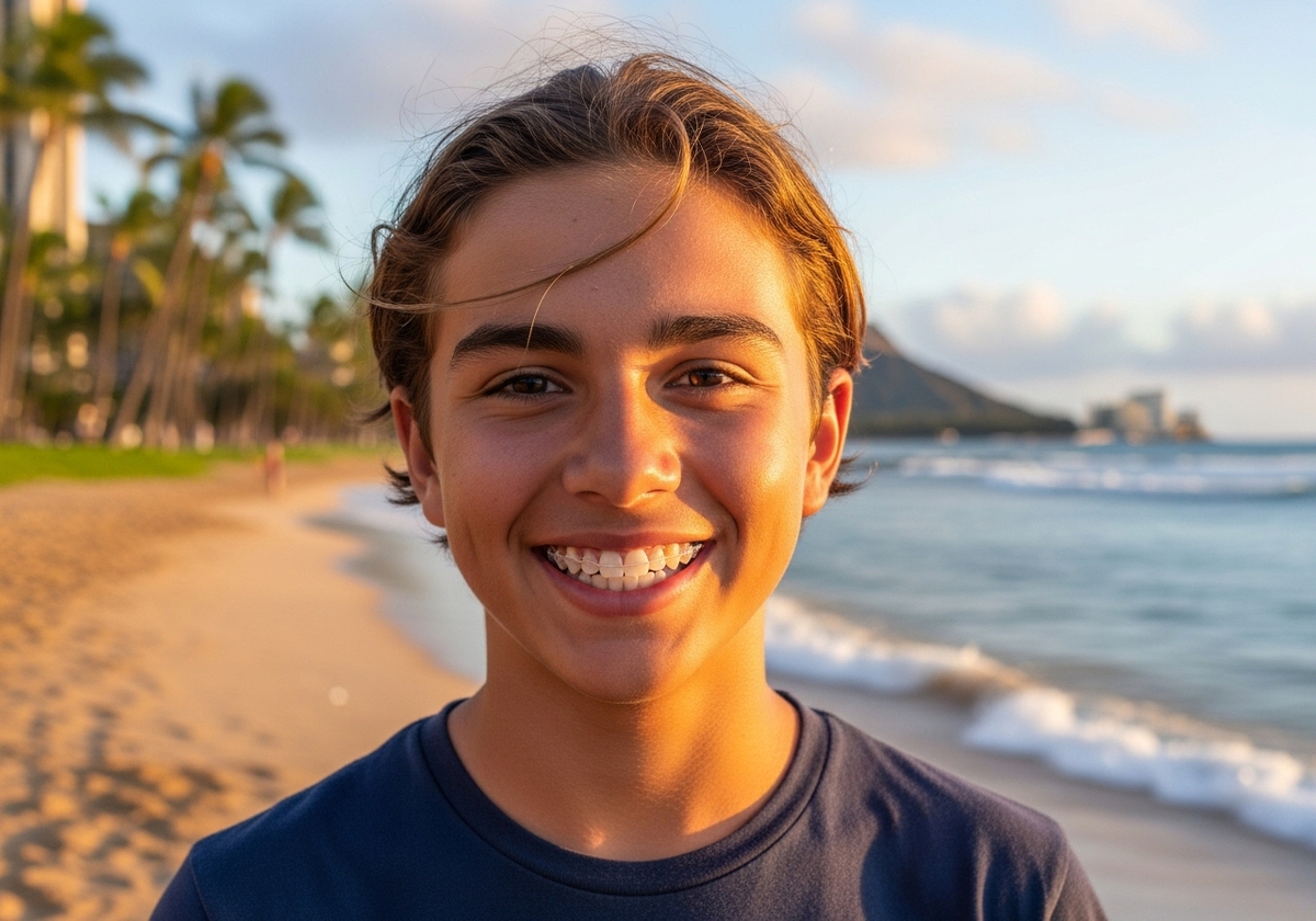 Teen Boy Smiling on Beach at Sunset