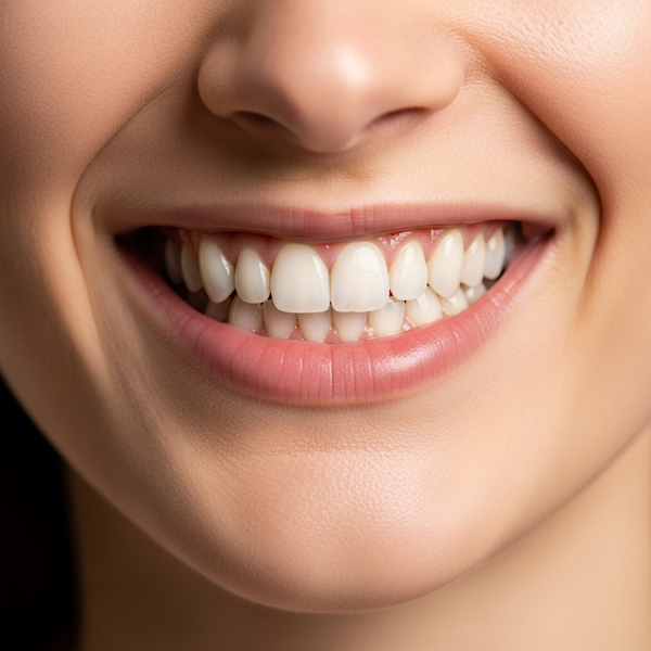A close-up view of a person with a healthy and perfectly white, natural-looking smile.