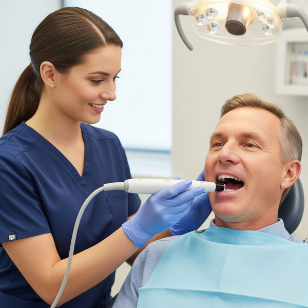 A patient comfortably receiving a scan with an intraoral scanner. A patient comfortably receiving a scan with an intraoral scanner.