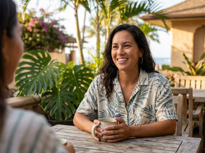 Woman Smiling at Outdoor Tropical Cafe