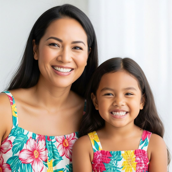 A smiling mother and daughter of Hawaiian ethnicity representing family dental care. A smiling mother and daughter of Hawaiian ethnicity representing family dental care.