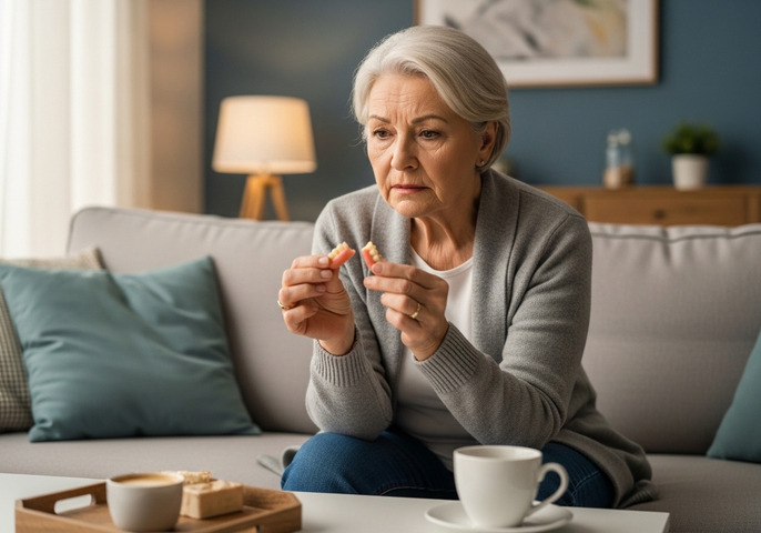 An elderly woman with short gray hair sits on a sofa at home, holding a set of dentures and looking at them with a worried expression. A coffee table in front of her holds a cup of coffee and a wooden tray with a snack. The room has a cozy, lived-in feel with a painting and a plant in the background. Senior woman examining dentures at home