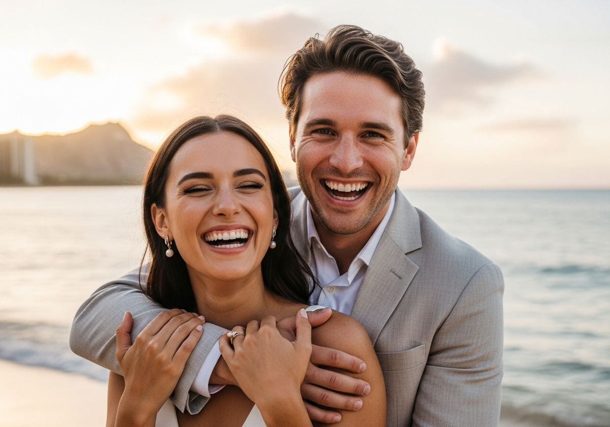 Happy couple embracing on the beach at sunset