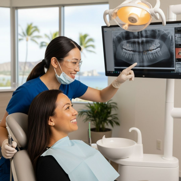 A dentist in Honolulu discussing an oral health assessment with a patient.