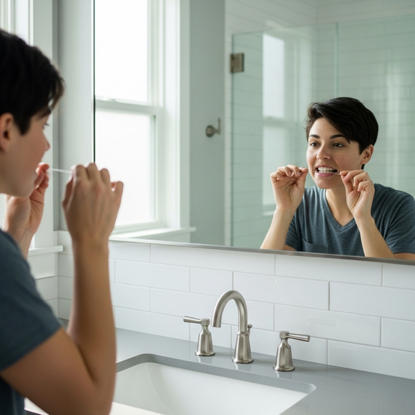 woman flossing her teeth