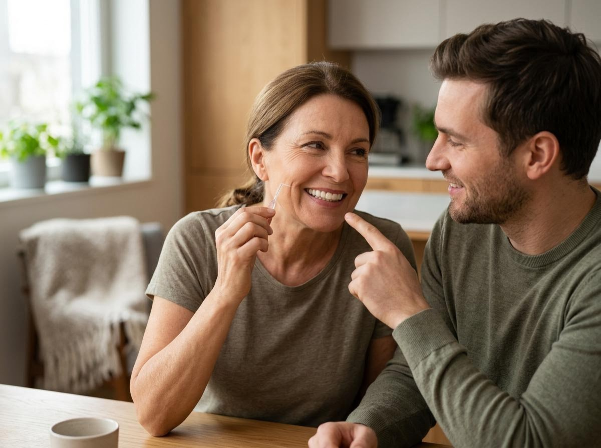 Smiling woman with dental flosser and man in conversation