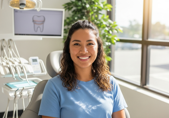 A happy woman smiles confidently in a bright, modern dental office filled with natural light.