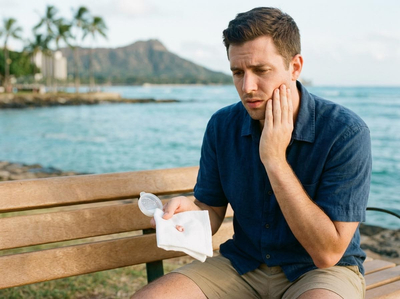 A distressed man sits on a beach bench, clutching his jaw while holding a removed tooth on a white tissue. The ocean and mountains are behind him. Man with a toothache holding a lost tooth