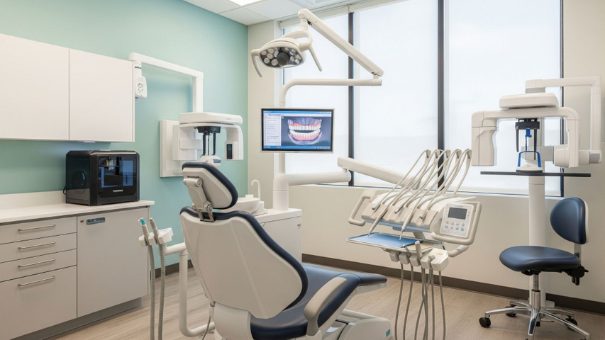 a dentist office patient chair with no one in it surrounded by advanced technology