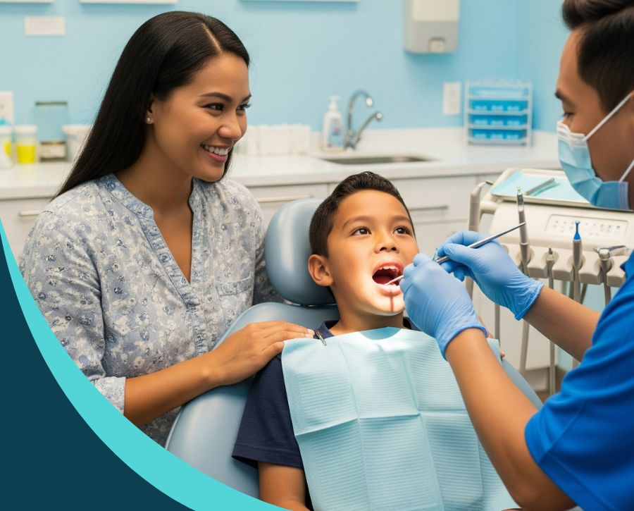 A young boy sits calmly in a dental chair for an exam while his mother and the dentist smile reassuringly. A young boy sits calmly in a dental chair for an exam while his mother and the dentist smile reassuringly.