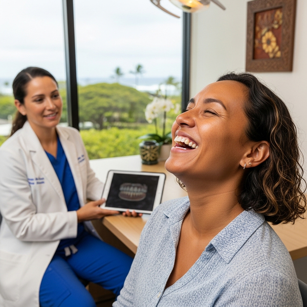 A person shares a joyful, authentic laugh during a personalized consultation at a dental clinic.