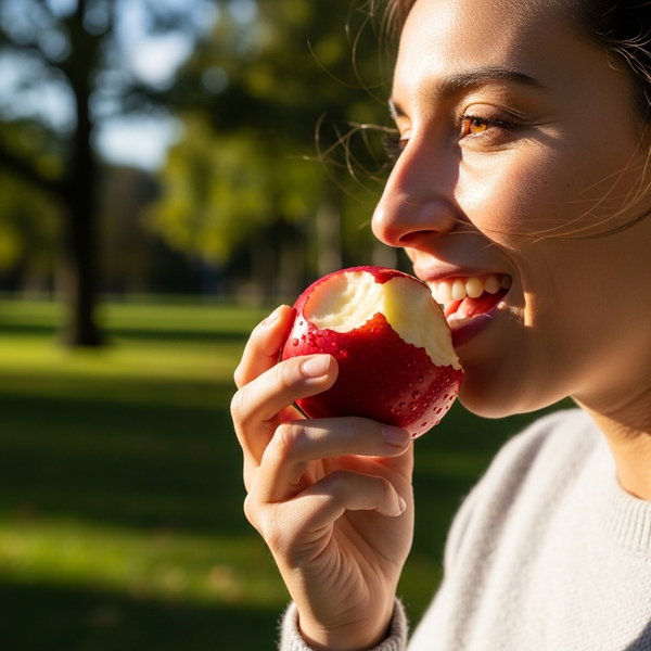 woman eating an apple with strong teeth