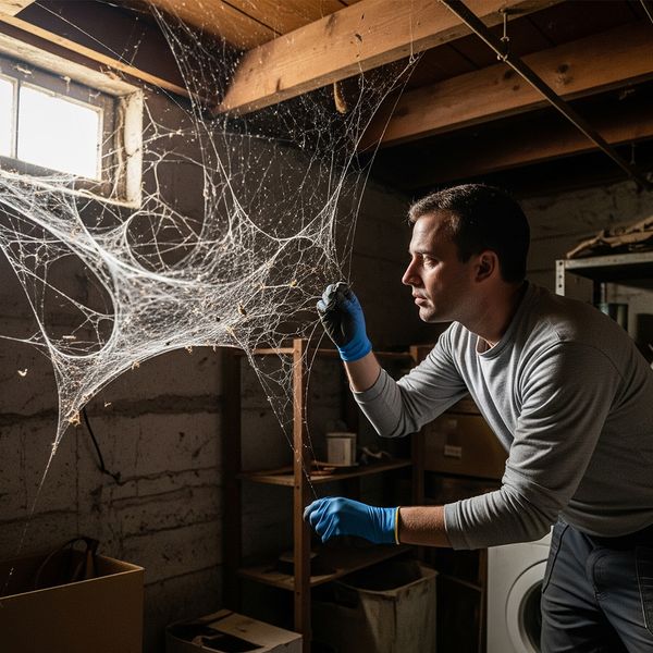 A man wearing work gloves examines a large cluster of spider webs in a basement. spiders1.jpg