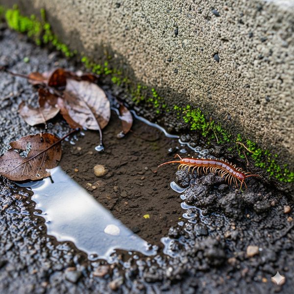 A centipede crawls on wet ground next to a residential foundation. centipede.jpg