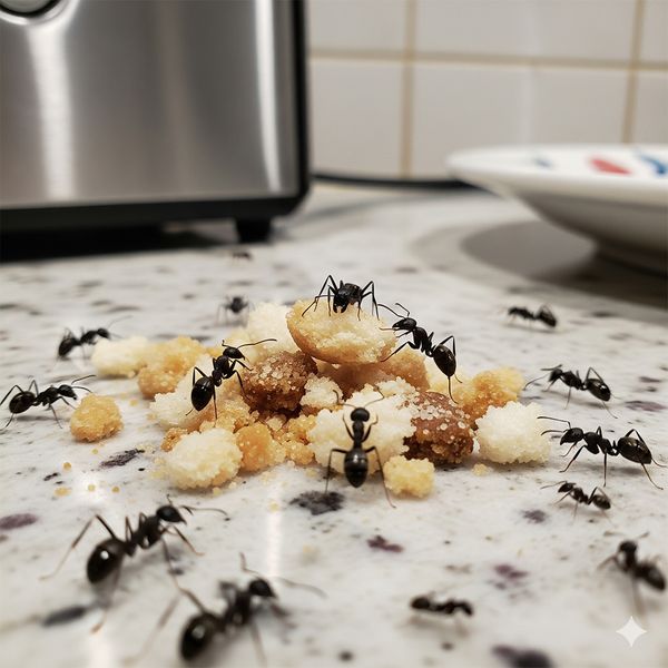 A group of ants swarming on a kitchen countertop near crumbs. ants.jpg