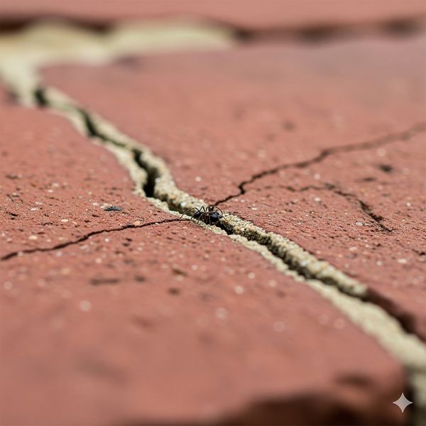 A close-up view of a crack in a brick wall with a small pest nearby, representing a potential entry point for insects. crackspider.jpg