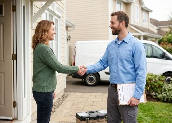 HVAC technician shaking hands with a homeowner.