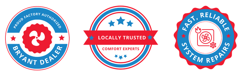 three trust badges that read "Proud Factory Authorized Bryant Dealer", "Locally Trusted Comfort Experts", "Fast, Reliable System Repairs."