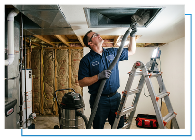 HVAC technician cleaning a duct. 
