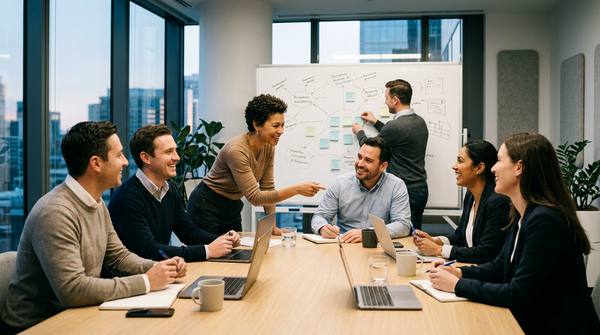 Diverse Team Collaborating in a Modern Meeting Room