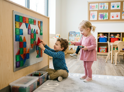 Children Playing with Magnetic Tiles