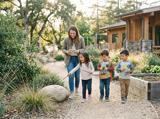 Young children and adult exploring nature
