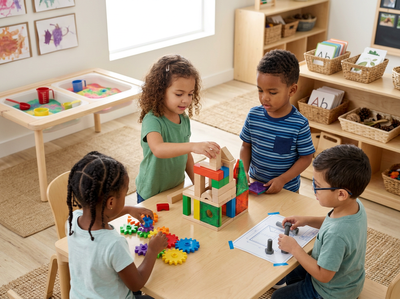 Children Engaged in Educational Play with Blocks, Gears, and Construction Toys