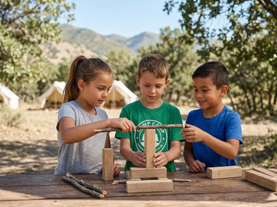 Kids building with blocks and sticks at an outdoor camp