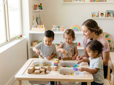 Teacher and Three Toddlers Engaged in Sensory Play
