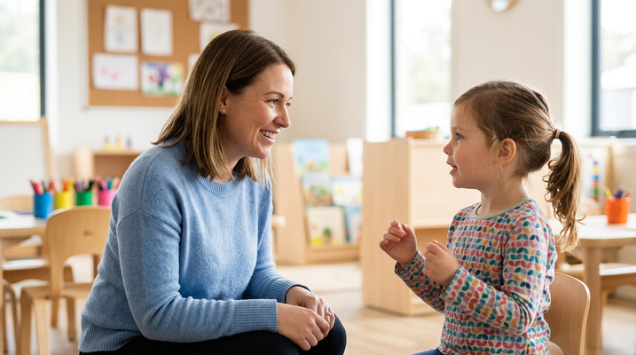 Teacher and young girl talking in a classroom