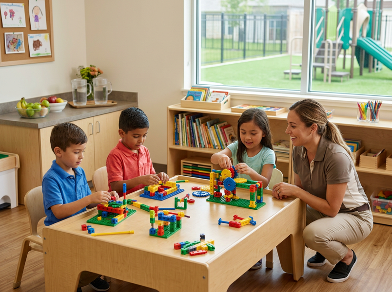 Children and teacher playing with building blocks