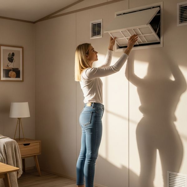 Interior of a prefabricated home with HVAC vents visible, homeowner changing an air filter