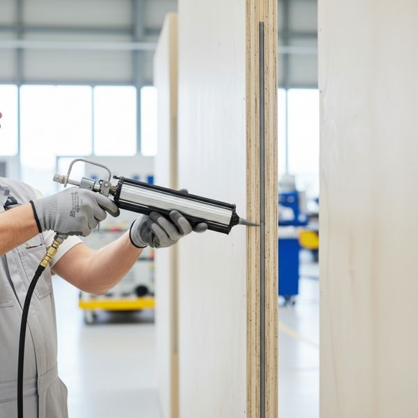 Close-up of factory assembly showing the precision-sealing of a prefabricated wall joint