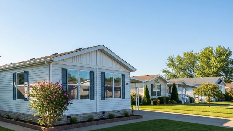 a manufactured home, sunny day, suburban front yard