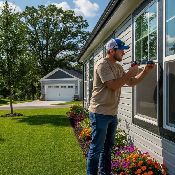 Homeowner checking seals on windows of a prefabricated home