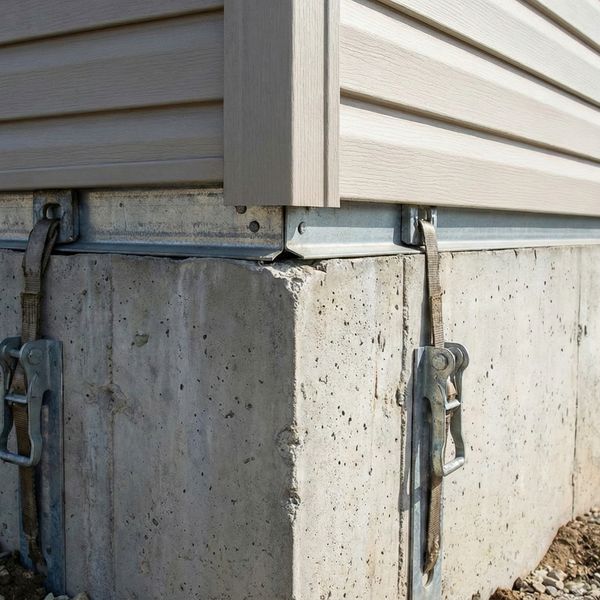 close-up image of a manufactured home firmly set on a concrete foundation close-up image of a manufactured home firmly set on a concrete foundation