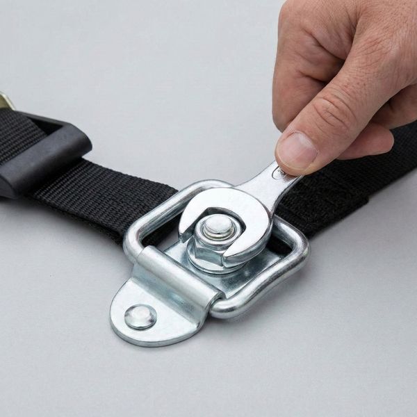 a hand with a silver wrench tightening the bolt on a heavy-duty metal tie-down anchor strap a hand with a silver wrench tightening the bolt on a heavy-duty metal tie-down anchor strap