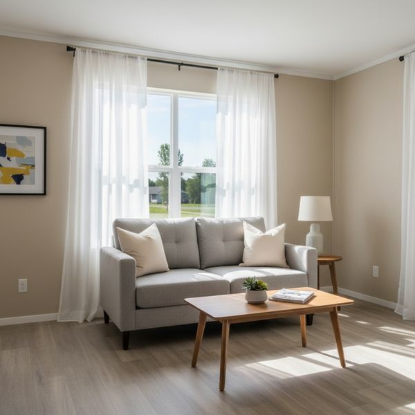 A sunlit living room in a manufactured home, with natural light streaming through large windows onto a simple sofa and coffee table