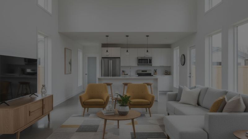 A bright, welcoming living room inside a modern prefabricated home with neutral walls, large windows letting in sunlight, and a cozy sofa and coffee table arranged in an open-concept layout