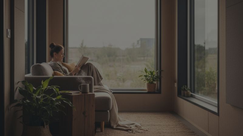 prefabricated home interior showing a quiet, sunlit reading area prefabricated home interior showing a quiet, sunlit reading area