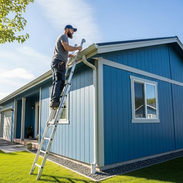 A prefabricated home in a suburban setting, showing a homeowner inspecting the roof
