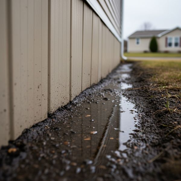 Pooled water saturating the ground directly adjacent to the skirting of a manufactured home.