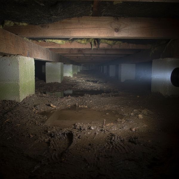 Close-up of a prefabricated home’s crawl space area with damp ground and small puddles forming after spring rain.