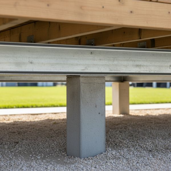 Stable concrete foundation pier supporting the metal frame of a mobile home.