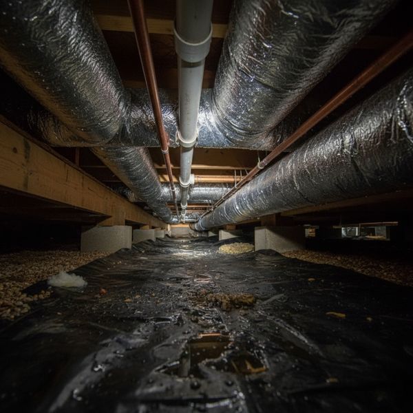 Interior crawl space of a prefabricated home with condensation on pipes and ductwork