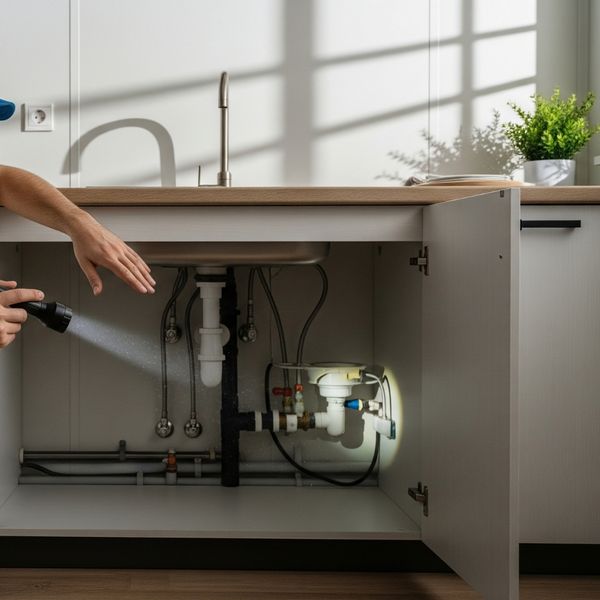 Prefabricated home kitchen with visible pipes under sink, a person examining plumbing with a flashlight