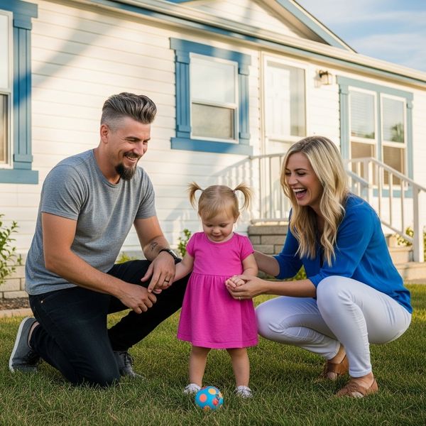 A friendly family standing outside a manufactured home